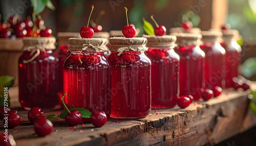 Cherry jam jars on wooden shelf