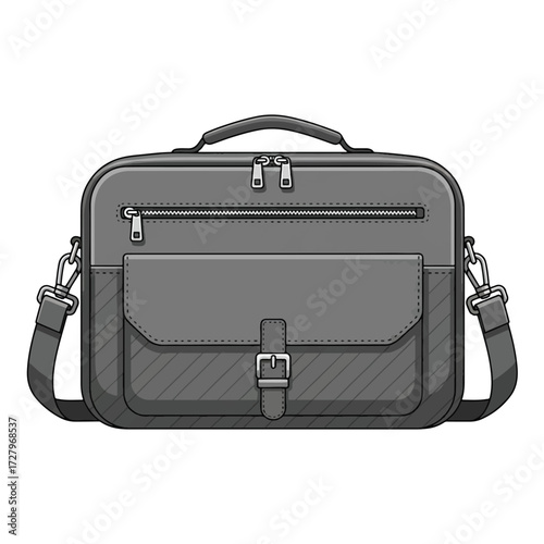 A detailed illustration of a gray messenger bag with multiple compartments, zippers, a front flap, and an adjustable shoulder strap.