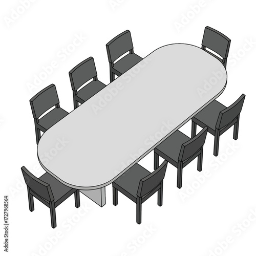 An overhead view of a long oval conference table with eight chairs around it.
