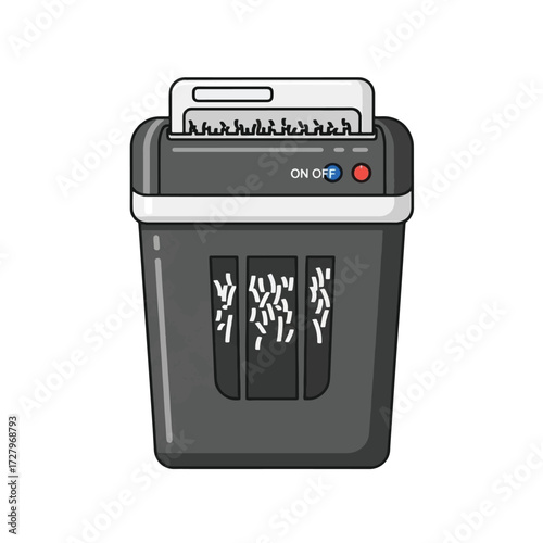 A cartoon illustration of a black office paper shredder actively destroying a document with an on-off switch.