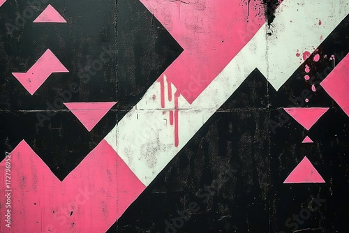 Geometric abstract mural with black, pink, and white angular shapes and paint drips on a textured wall