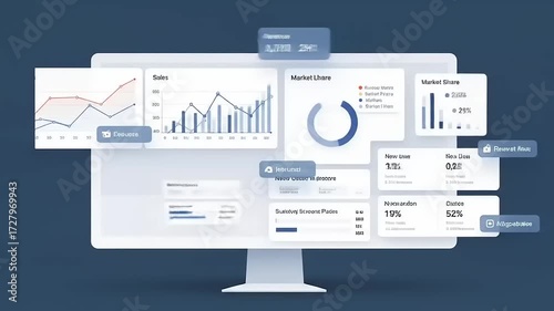 Data analytics dashboard on a computer screen showing business statistics and charts.