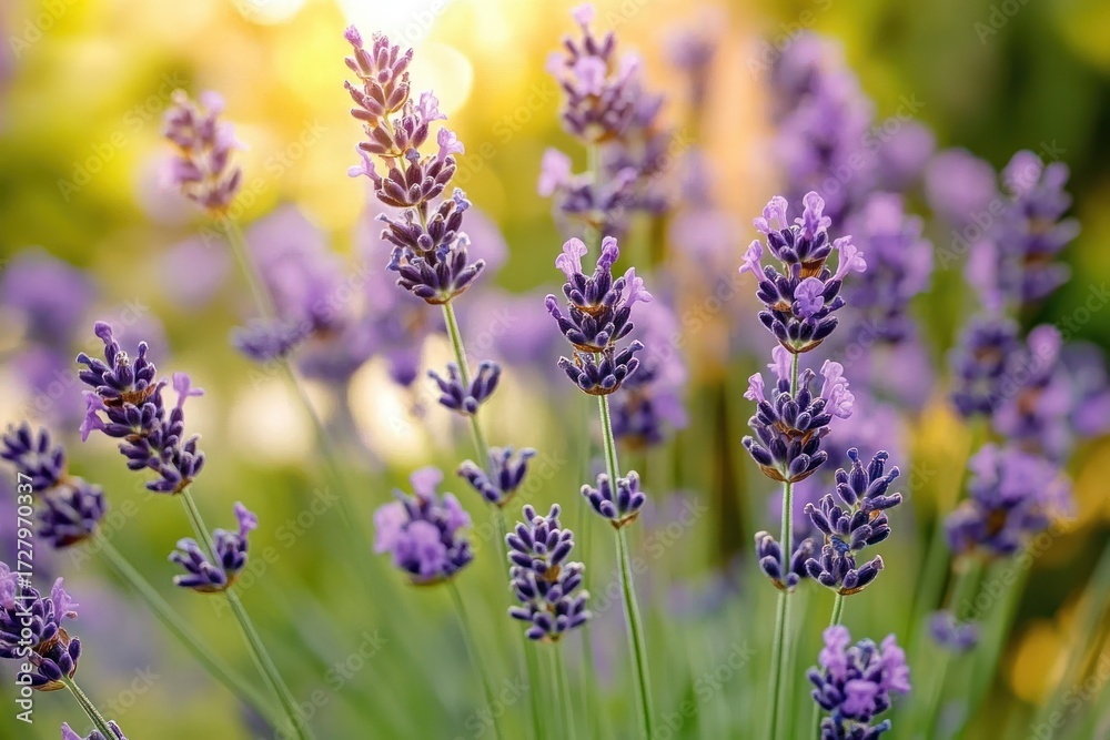 Fototapeta premium Close-up view of vibrant purple lavender flowers with delicate petals glowing in warm sunlight against a blurred natural background