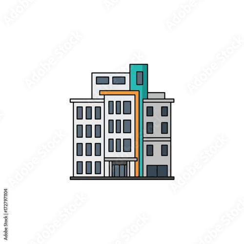 A modern architectural illustration of a multi-story building complex, depicted in a flat, colorful vector style on a white background.