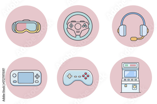 Modern Flat Design Icons Featuring Essential Gaming Gear and Devices in Pastel Color