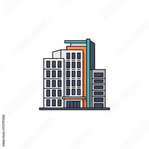 A modern multi-story office building or apartment complex illustrated in a flat, graphic style.