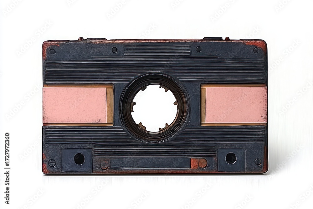 Obraz premium Close-up of a vintage audio cassette tape without tape reels, showing a black and brown textured plastic body with empty windows and a central circular hole