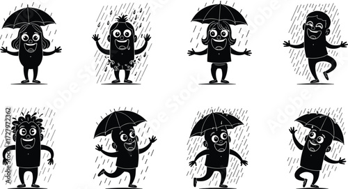 Cartoon silhouettes, people in rain, umbrella illustration, happy figures, dancing in rain, comic style drawing, rainy day clipart, joyful sketch