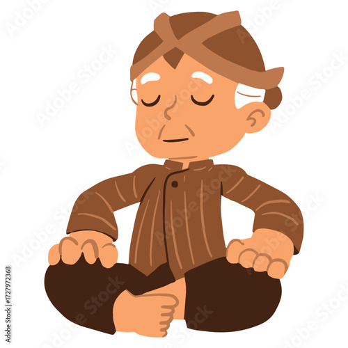 Flat Illustration of Javanese Old Man in Meditation Pose Wearing Traditional Clothes