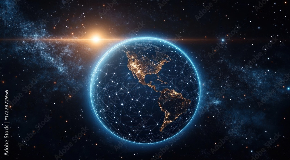 Obraz premium Digital network connections overlaying the illuminated Earth from space showing North and South America with the sun rising behind against a starry galaxy background