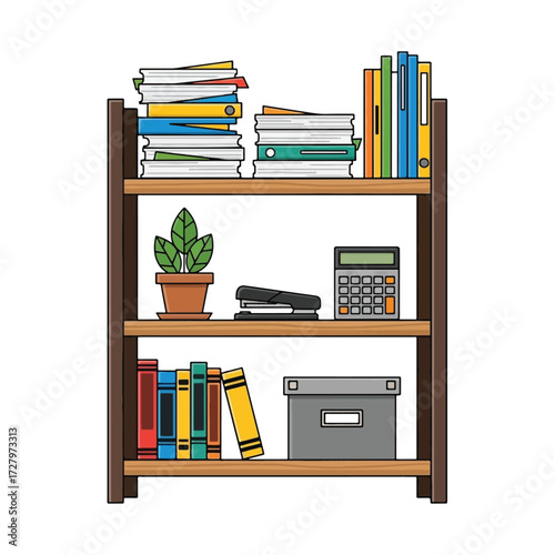 Illustration of a bookshelf with books, plant, stapler and calculator.