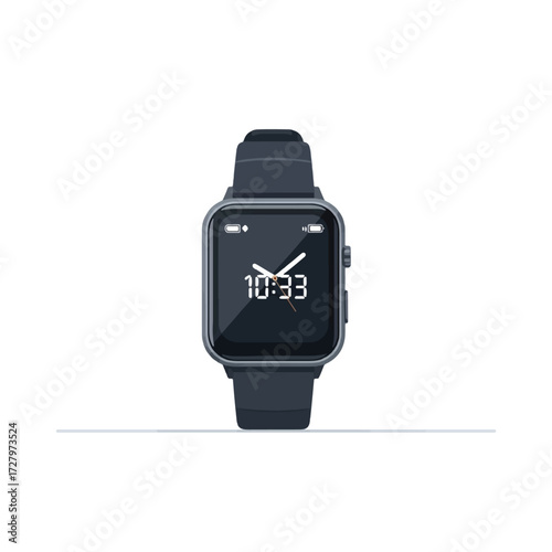 A modern dark gray smartwatch with a digital and analog display on a white background.