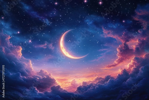 Glowing crescent moon surrounded by vibrant purple and pink clouds under a starry night sky evoking a serene and magical atmosphere