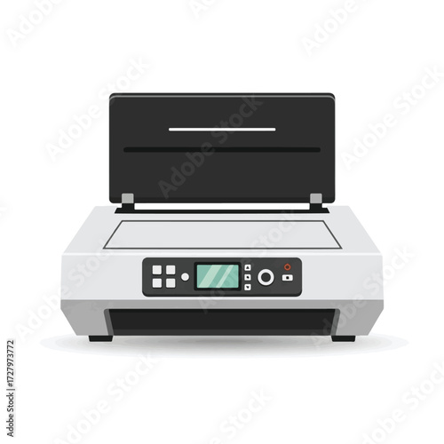 A detailed illustration of a flatbed scanner with its lid open, ready for document scanning.
