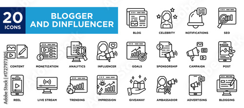 Blogger And Influencer icon collection set. containing design blog,influencer,content,trending,sponsorship 
