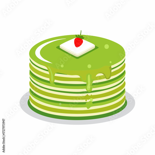 Delicious Stack of Green Pancakes with Fresh Strawberry Topping and Melted Butter Drizzle Illustration