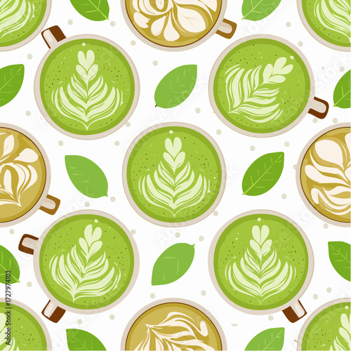 Seamless pattern of matcha green tea and coffee latte art cups top view vector illustration
