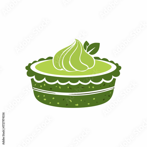 Sweet green dessert tart with pistachio or matcha flavor and cream swirl, bakery vector logo