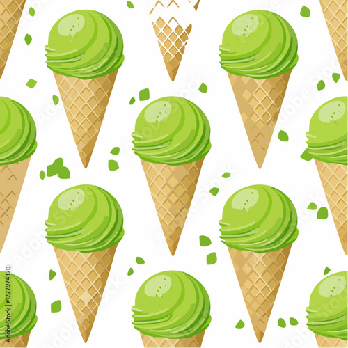 Seamless pattern of green ice cream cones with mint leaves, a refreshing summer dessert treat illustration
