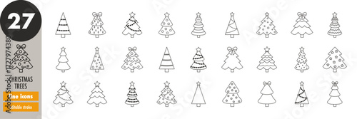 Christmas trees - editable stroke thin line icons set. Holiday, new year, xmas trees decorated with stars and ornaments, vector illustration
