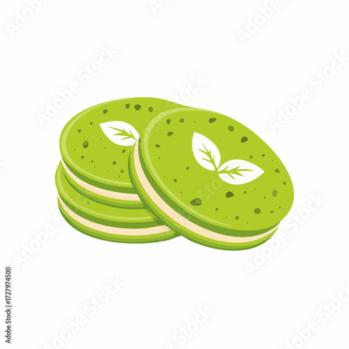 Green Macarons with Leaf Illustration Sweet Dessert Treats and Culinary Design