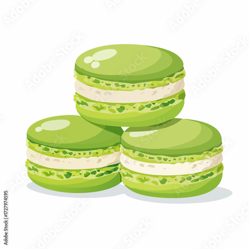 Delicious green macarons stacked in a tower, sweet and tasty almond meringue dessert