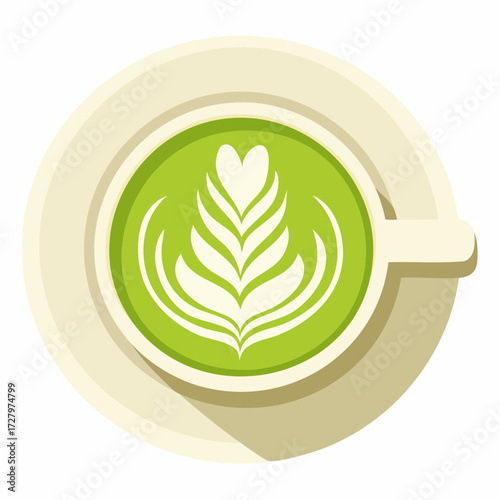 Vector illustration of a matcha green tea latte with rosetta art in a cup, top view flat design