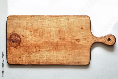rectangular wooden cutting board with handle showing natural wood grain and knife marks on white background