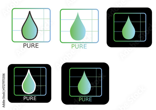 A set of modern vector icons featuring a pure liquid drop on a digital grid, a graphic concept for clean water and sustainable energy technology