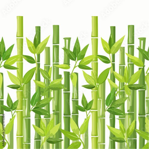 Vibrant Illustration of Bamboo Stems with Green Leaves, Seamless Background Pattern