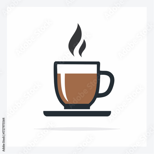 Hot coffee in a glass mug with steam rising, served on a saucer, isolated on white