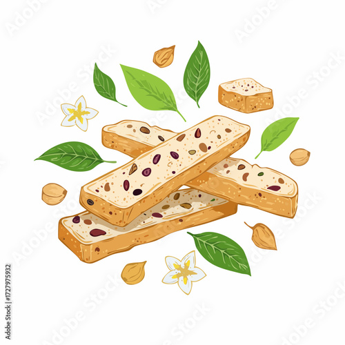 Artistic vector illustration of delicious homemade Italian biscotti with raisins and nuts