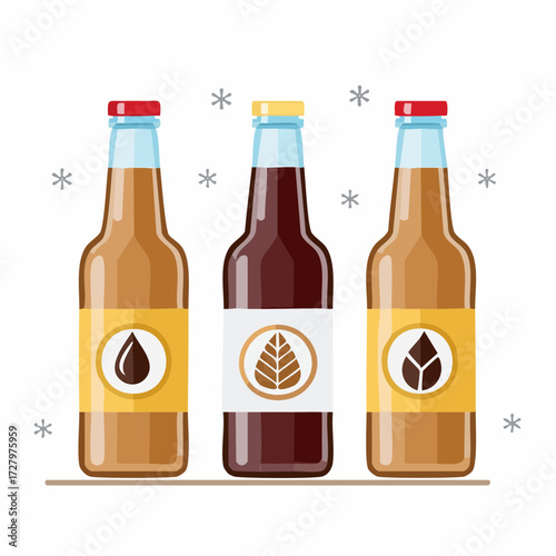 Collection of three brown glass bottles with different labels, perfect for beverage and refreshment concepts