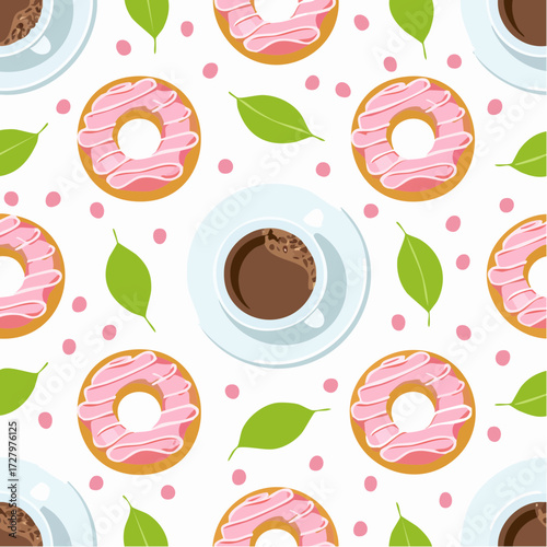 Delicious pink frosted donuts and coffee set on a white background with green leaves and white dots