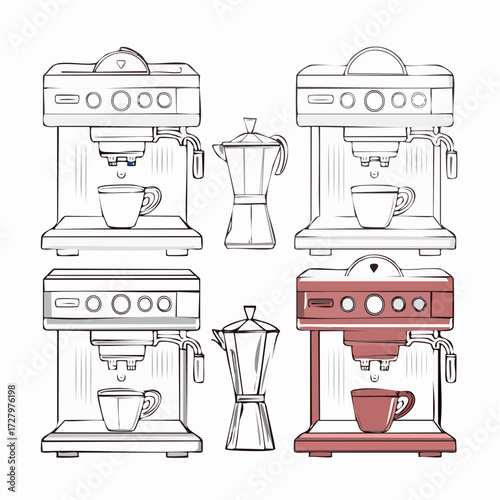 Collection of Coffee Makers and Espresso Machines in a Hand-Drawn Style Illustration
