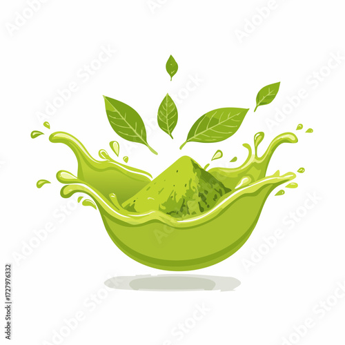 Vibrant green matcha powder splash with fresh leaves and artistic swirls