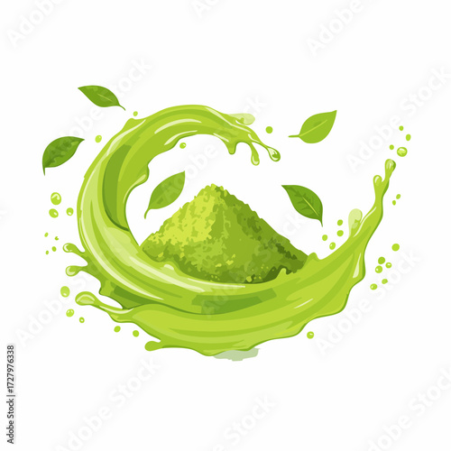 Dynamic vector illustration of matcha tea powder in a green liquid splash with leaves