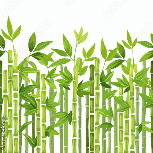 Hand painted green bamboo forest creating a seamless border. Vector illustration of Asian plants
