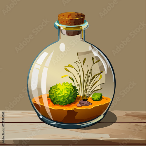 vintage terrarium with muted florals and soft moss on terracotta cloth