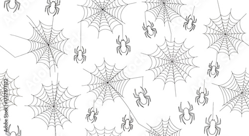 Vector SVG Pattern Illustration with Spiders and Webs in Line Art Style