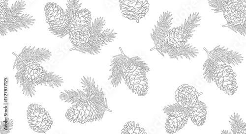 Vector SVG Design Seamless Pattern with Pine Cones and Branches Line Art Modern Style