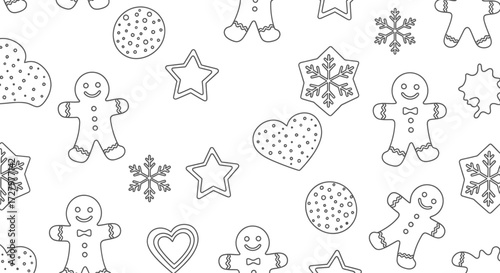 Vector SVG Design with Gingerbread Men Stars Hearts and Snowflakes Outlined Style Winter Pattern