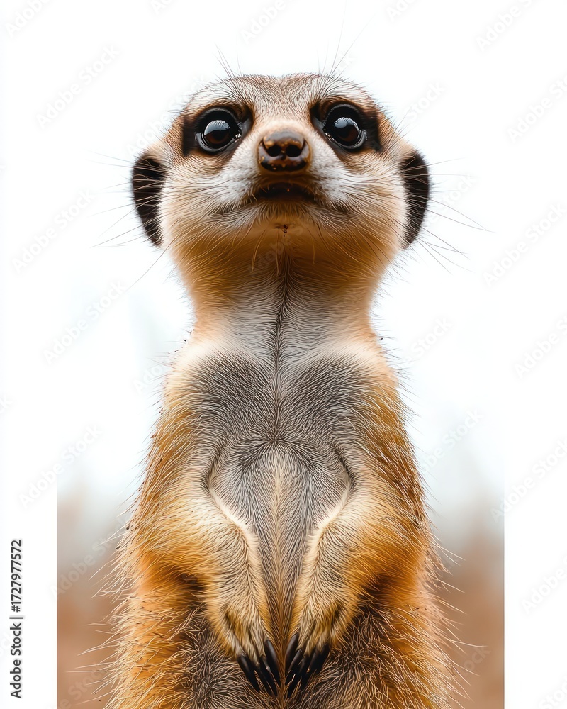 Fototapeta premium close-up of a meerkat standing upright with alert expression against a blurred natural background