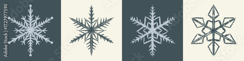 Chalk hand drawn snowflakes. Sketch crayon style frosty crystals. Winter doodle pastel textured decoration, simple detailed ornamental design for Christmas, seasonal art. Vector illustration isolated