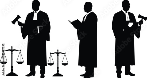 Judge and lawyer silhouettes, attorney with gavel, justice balance scales, legal profession artwork, courtroom concept, law symbol, black vector design