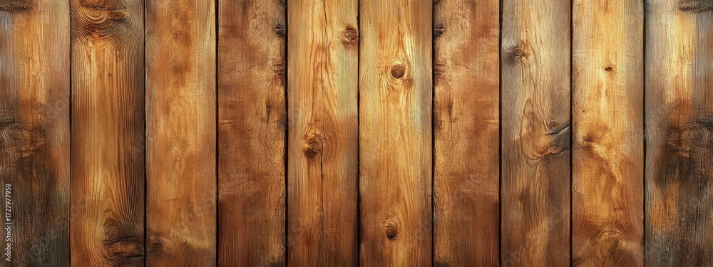 Naklejka premium Close-up of vertical wooden planks with natural grain, knots, and varying warm brown tones creating a rustic and textured surface
