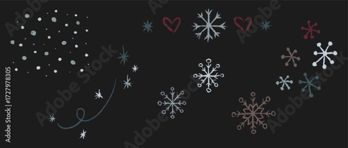 Chalk decorative falling snowflakes collection. Crayon textured winter snow doodle set. Naive cute kids style. Hand drawn whimsical seasonal elements, border. Vector holiday illustration isolated