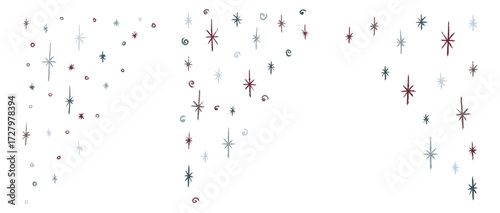 Chalk decorative falling snowflakes collection. Crayon textured winter snow doodle set. Naive cute kids style. Hand drawn whimsical seasonal borders, frames. Vector holiday illustration isolated