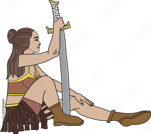 Vector illustration of a female warrior sitting with a sword in hand, strong and determined woman fighter character design on white background