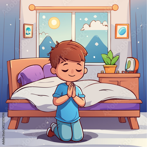 Vector Image: A Little Child in Prayer at Bedtime 08